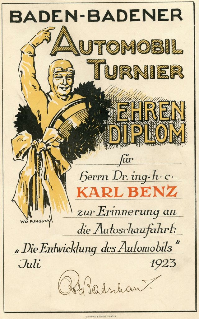 Ehrendiplom des Baden-Badener Automobilturniers für Karl Benz