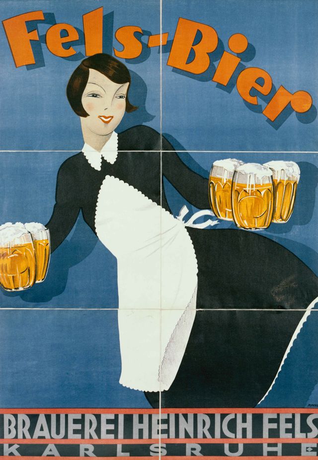 Werbeplakat der Brauerei Fels-Bier. Darauf eine Kellnerin mit Biergläsern in der Hand.