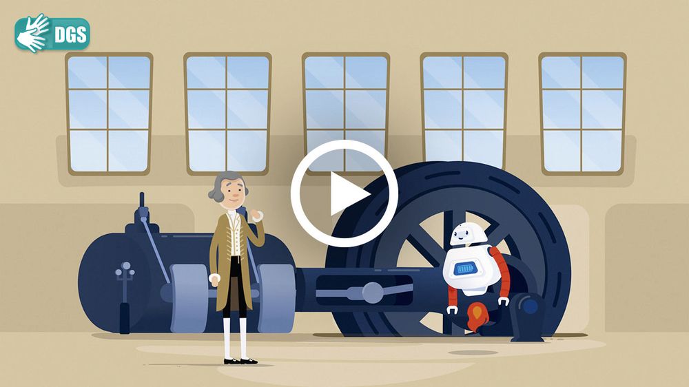 Screenshot aus einem Erklärfilm des TECHNOSEUM. Roboter Paula befindet sich mit James Watt vor einer Dampfmaschine.