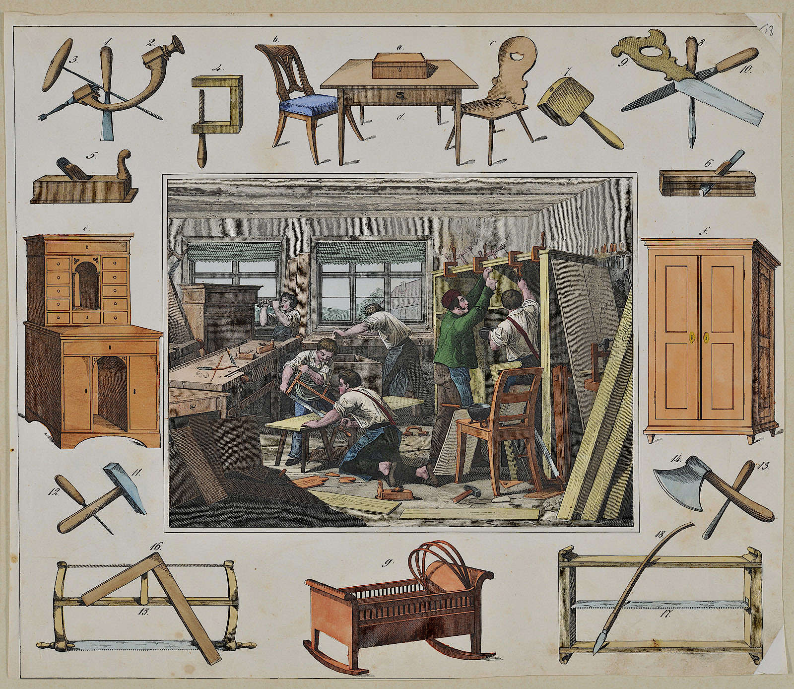 Foto einer Archivalie aus dem Archiv des Museums. Zu sehen sind gezeichnete Werkzeuge und Möbel.