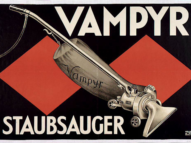Werbeplakat eines alten Staubsaugers der Marke Vampyr